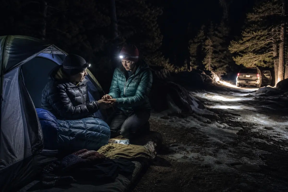 Night camp decision scene with a cold sleeper, packed dry layers, lit route to a nearby vehicle, and partner checking coordination before leaving