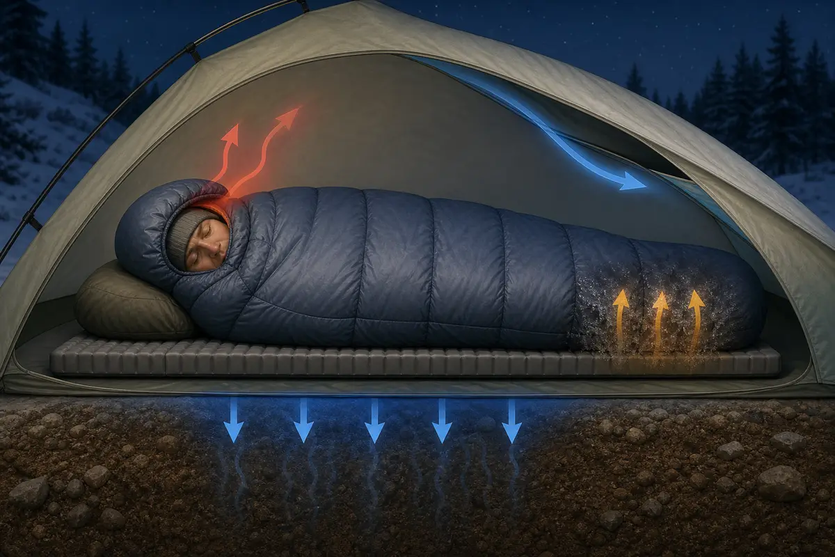 Cutaway sleep system showing heat loss into cold ground, through a loose hood, across a tent draft, and from damp compressed insulation