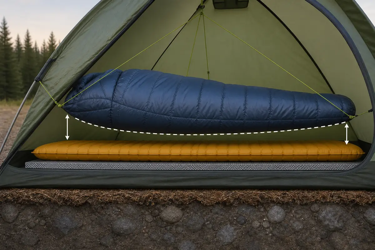 Side cutaway of a sleeper showing lofted bag above, compressed fill below, insulated pad, optional foam backup, tent floor, and cold ground