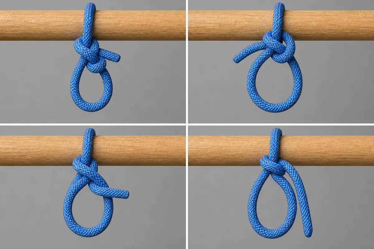 Four bowline fault samples showing short tail, loose collar, crossed loop legs, and tail movement after repeated slack cycles