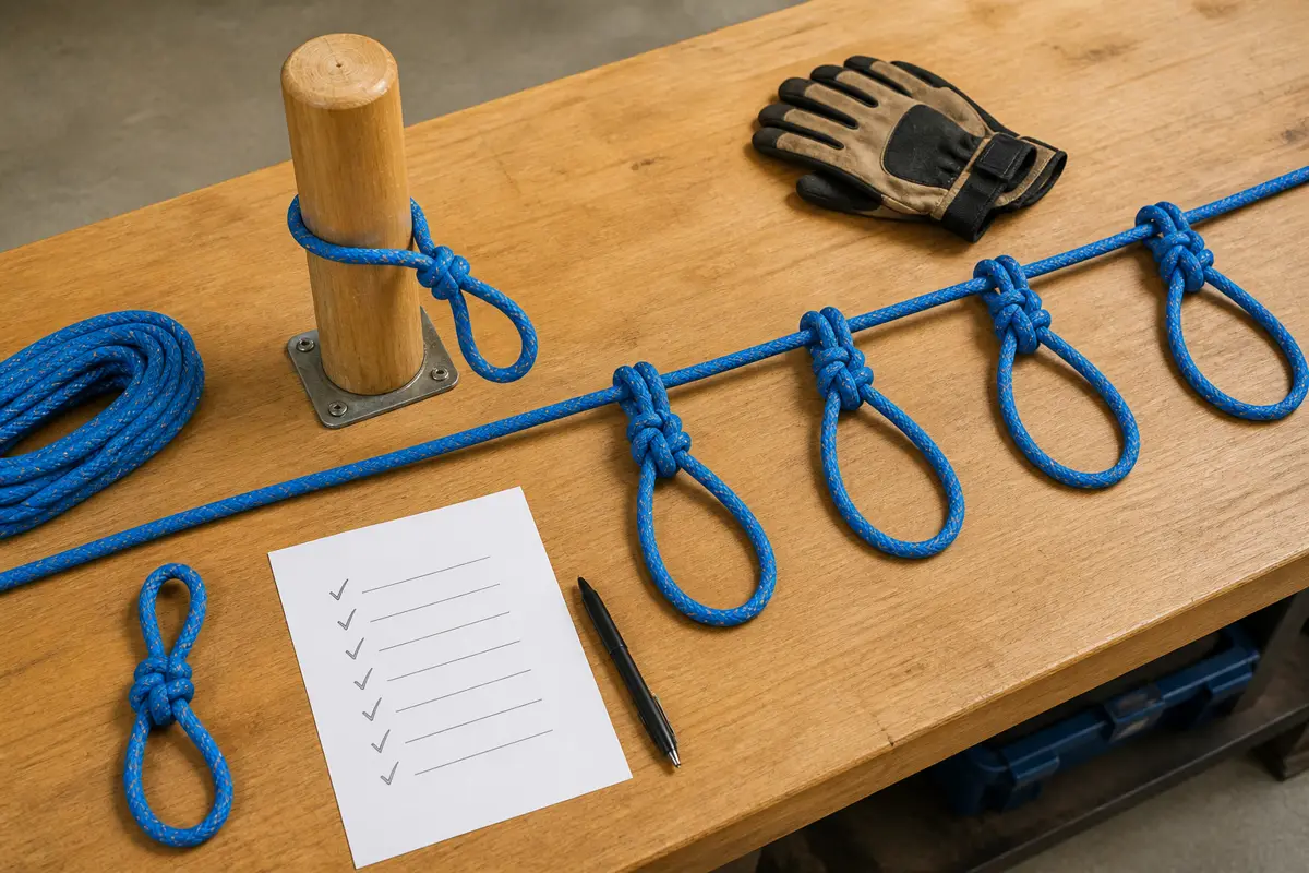 Practice station with ten inspected bowlines in one rope, a trusted finished model, gloves, suitable post, and a checklist with simple tick marks