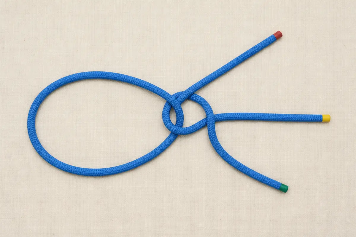 Single contrasting rope arranged on a neutral surface with working end, standing part, large loop, small tying loop, collar, and tail shown by position rather than text