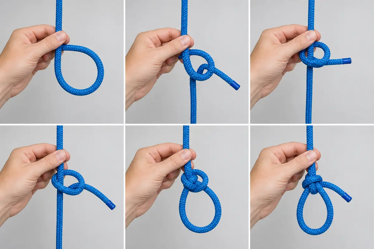 Six-stage close instructional sequence using one coloured rope to form the small loop, pass around the standing part, return, dress, and finish a bowline