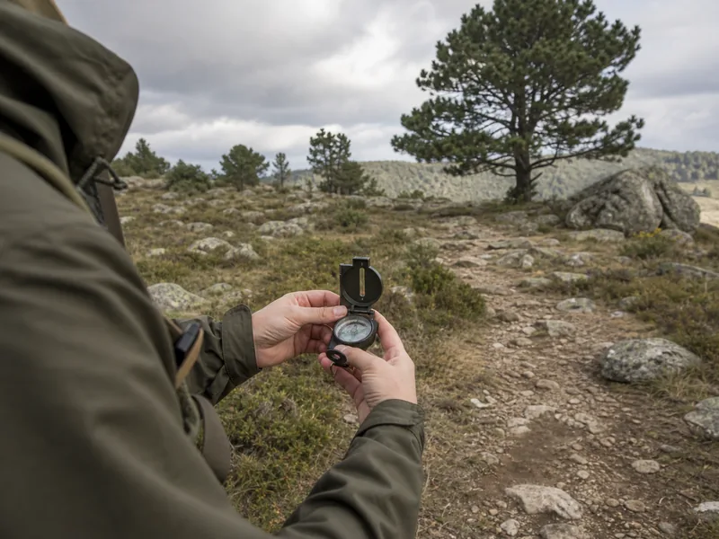 Hiker holding a compass while sighting toward a trail landmark