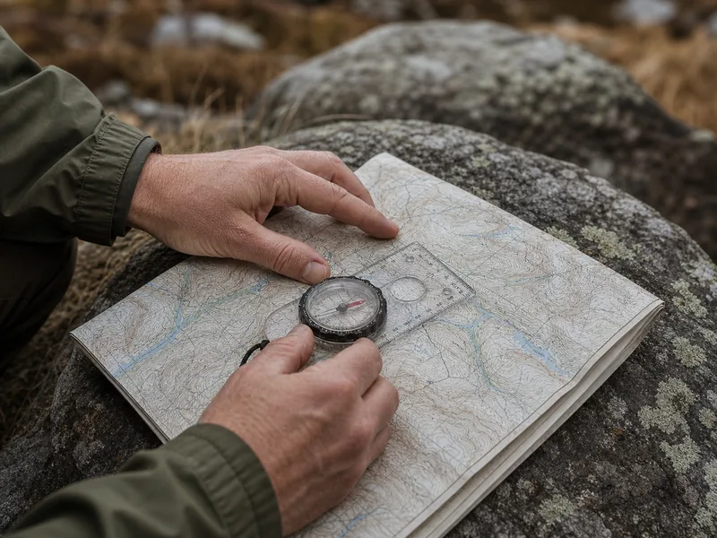 Hands setting a baseplate compass on an outdoor map