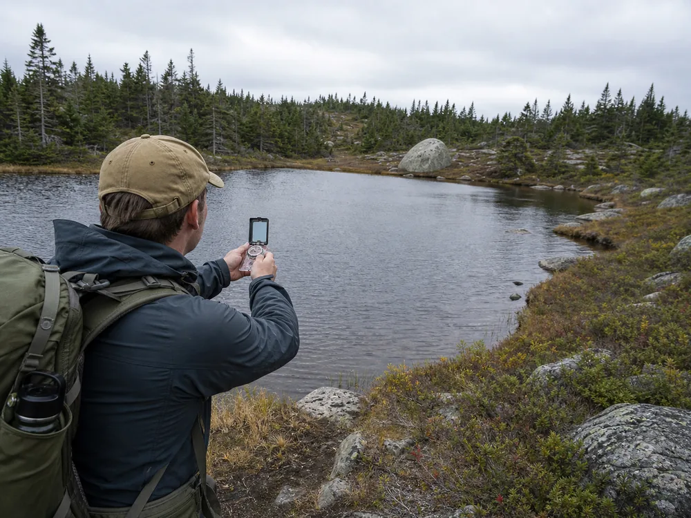 Hiker sights a landmark across a pond before choosing a safe route around the shoreline
