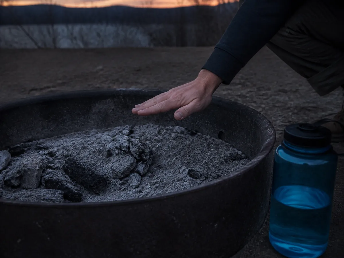Hand checking cold wet ash in an existing campground fire ring - fully extinguished campfire | KnowOutdoor
