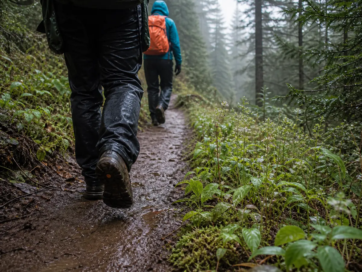 Boots staying in the muddy center of a narrow trail beside damaged bypass tracks - durable surface travel | KnowOutdoor