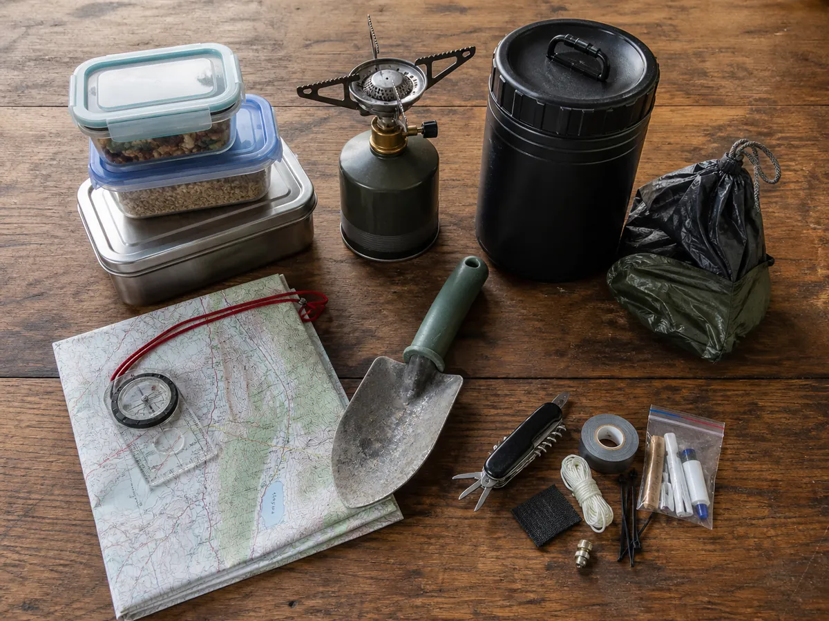 Small group sorting food beside a map, permit notes, and bear canister before a trip - Leave No Trace planning | KnowOutdoor