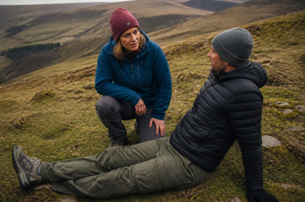 Two people practising a patient assessment on a grassy hillside, one kneeling beside the other who is sitting up and talking | KnowOutdoor