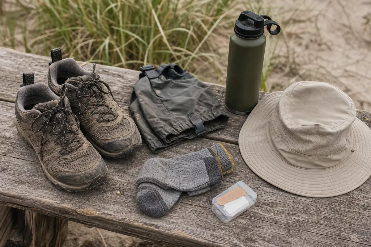 Trail shoes, low gaiters, water, and spare socks arranged after a generic dune hike