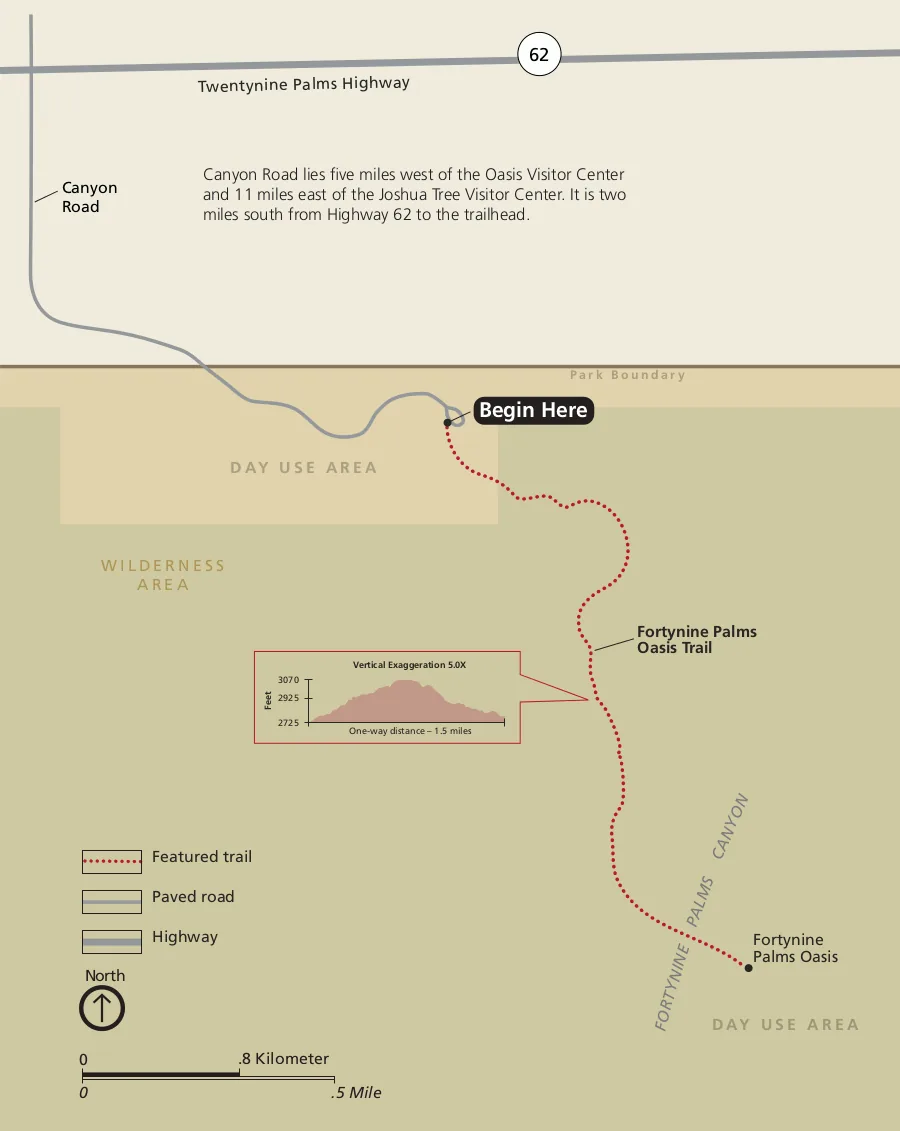 National Park Service map of the 49 Palms Oasis Trail crossing a ridge to the oasis
