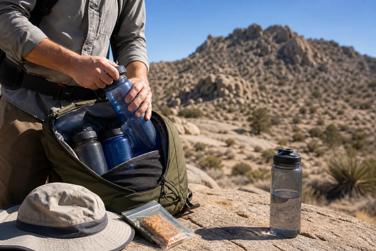 Hiker separating a full return-reserve water bottle from the bottles being used on an exposed desert hike