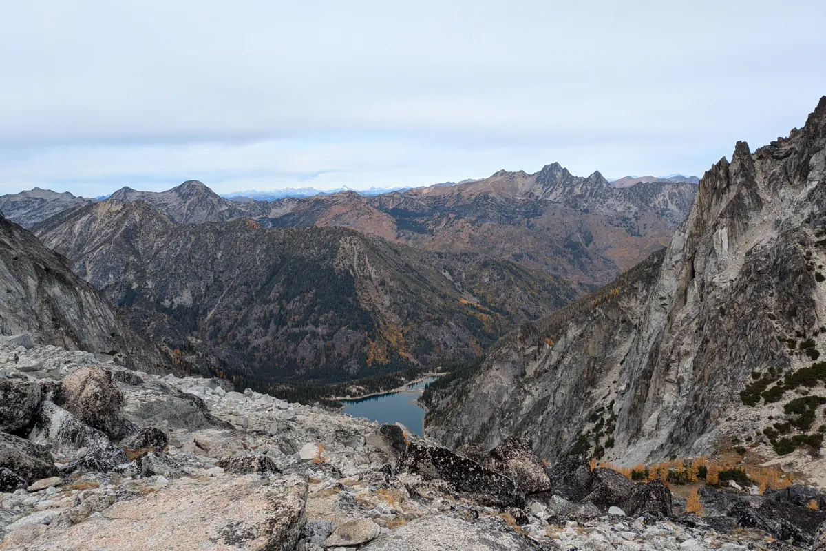 Downhill view from Aasgard Pass toward Colchuck Lake