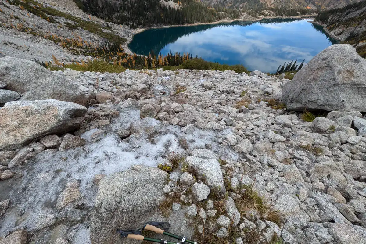 Ice covering part of the rocky route on Aasgard Pass