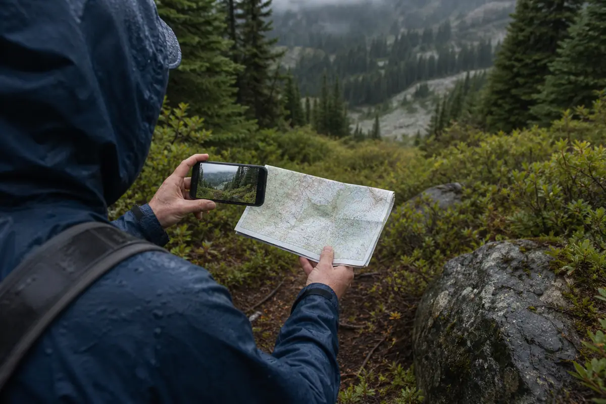 Generic hiker comparing backward-view photographs with a paper map at a damp alpine treeline