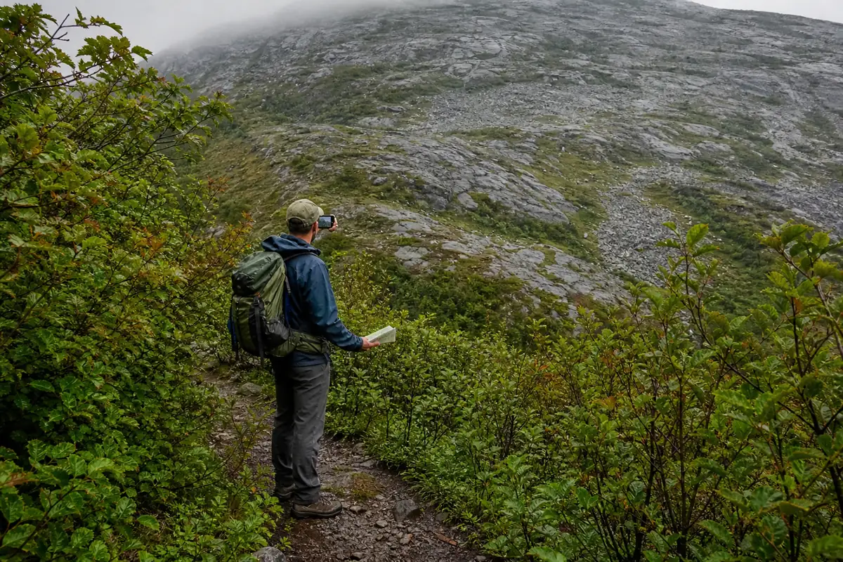 Generic mountain hiker photographing a distinctive treeline entry while checking a paper map