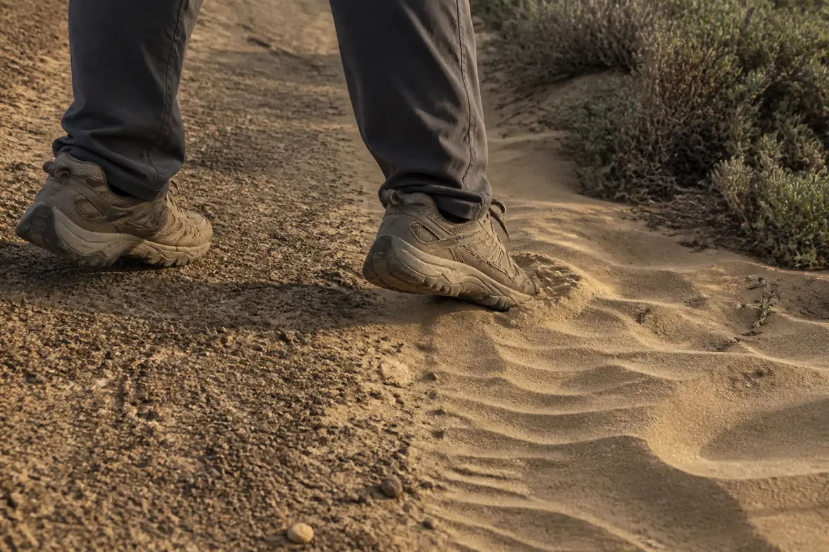 Hiking shoes crossing from a firm generic coastal path onto loose wind-rippled sand