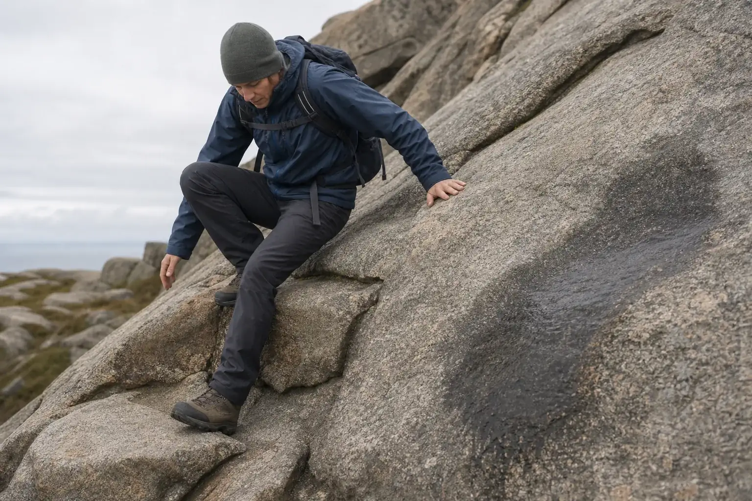 Hiker using three points of contact to descend a dry generic granite step while avoiding a wet patch