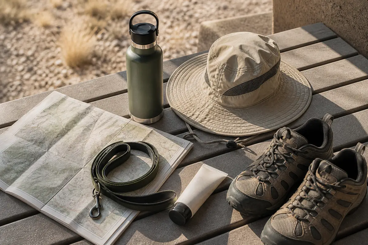 Water bottle, sun hat, paper map, leash, and walking shoes arranged on a generic visitor-center bench