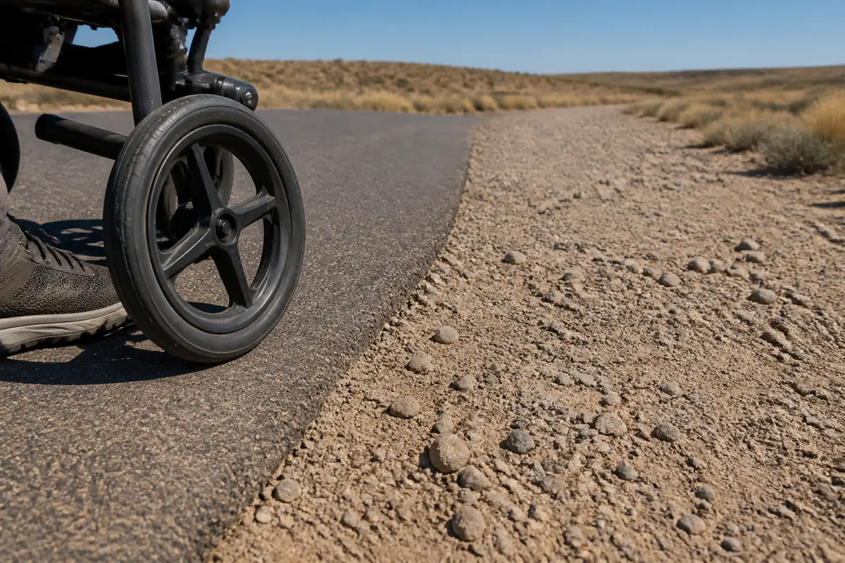 Generic paved high-desert path ending at rough gravel beside a mobility-device wheel