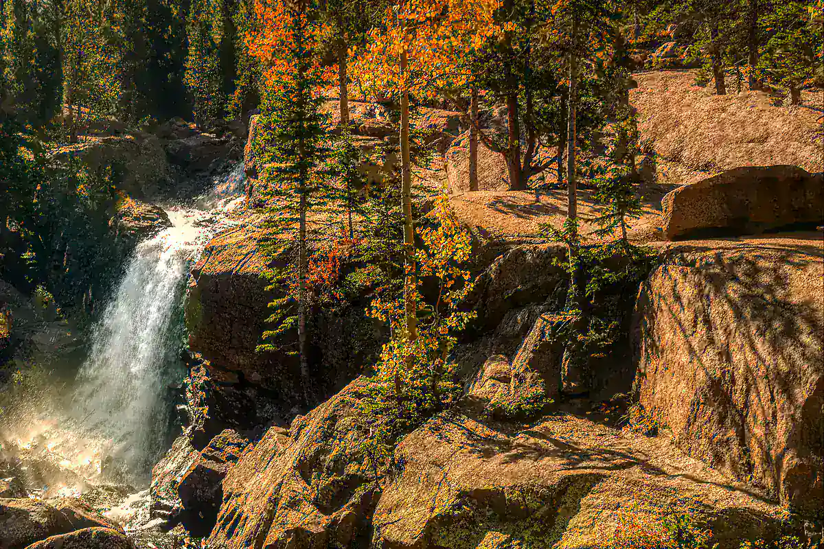 Alberta Falls dropping through a narrow granite gorge in Rocky Mountain National Park