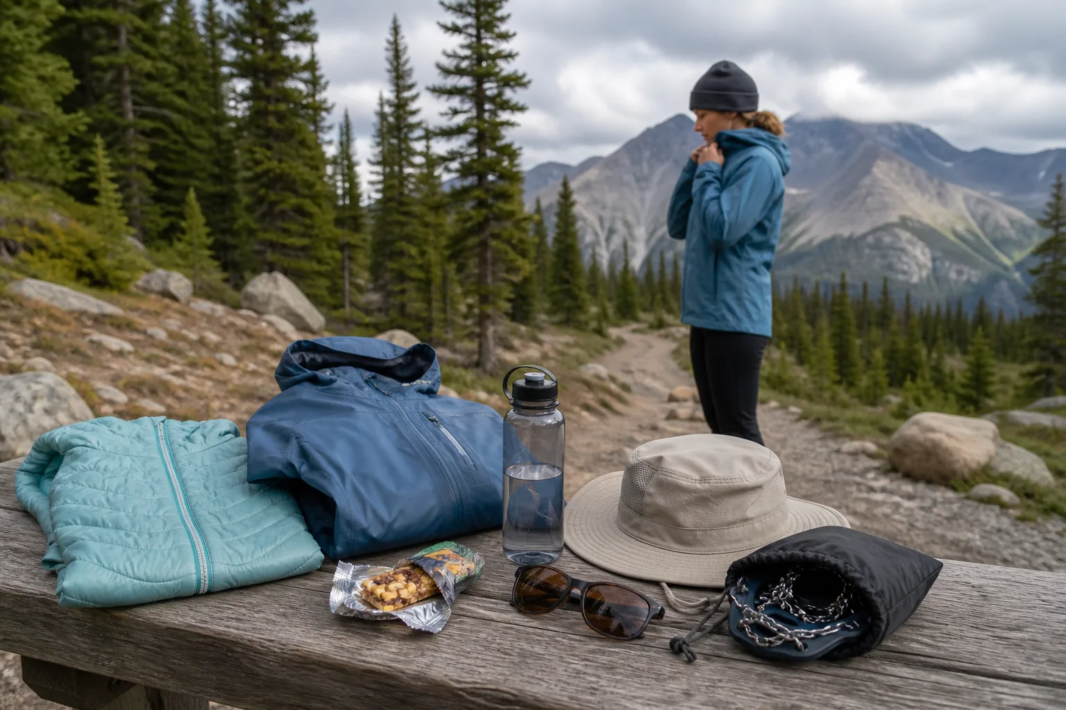 Water, layers, sun protection, snacks, and traction prepared for a generic high-elevation day hike