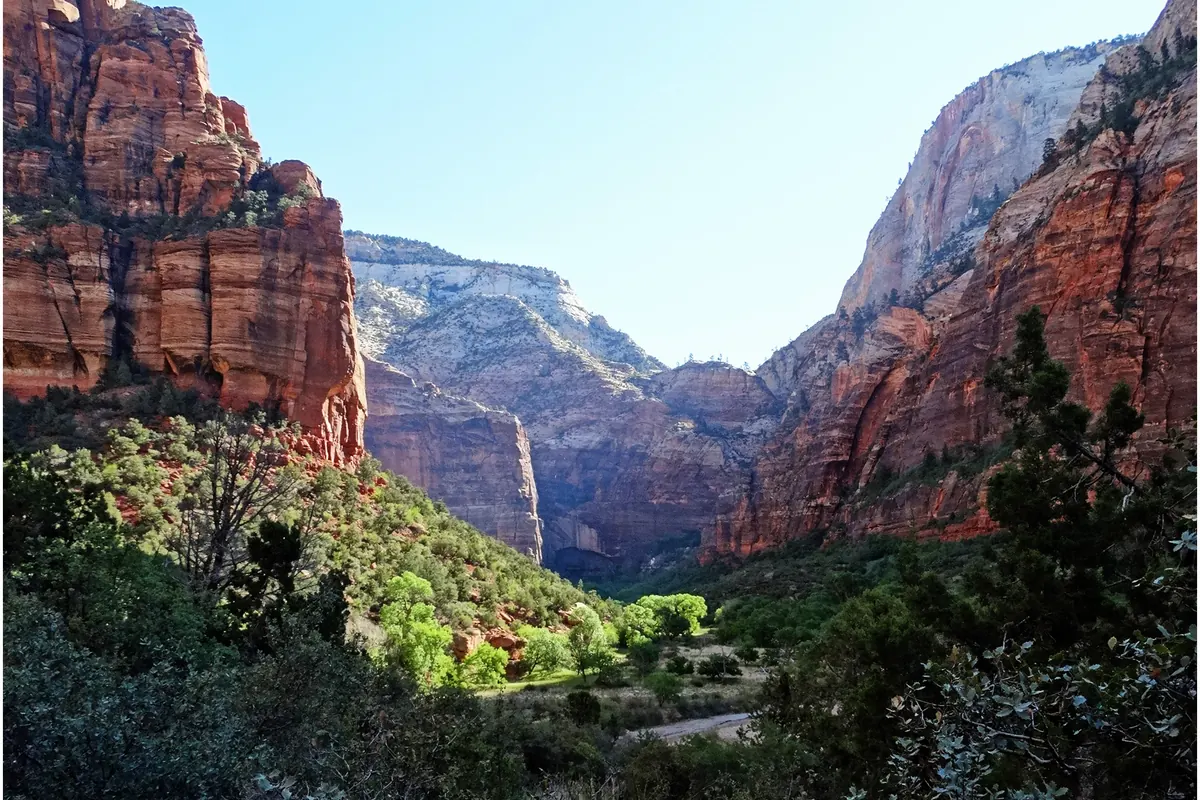 Wide view across Zion Canyon below the Angels Landing route
