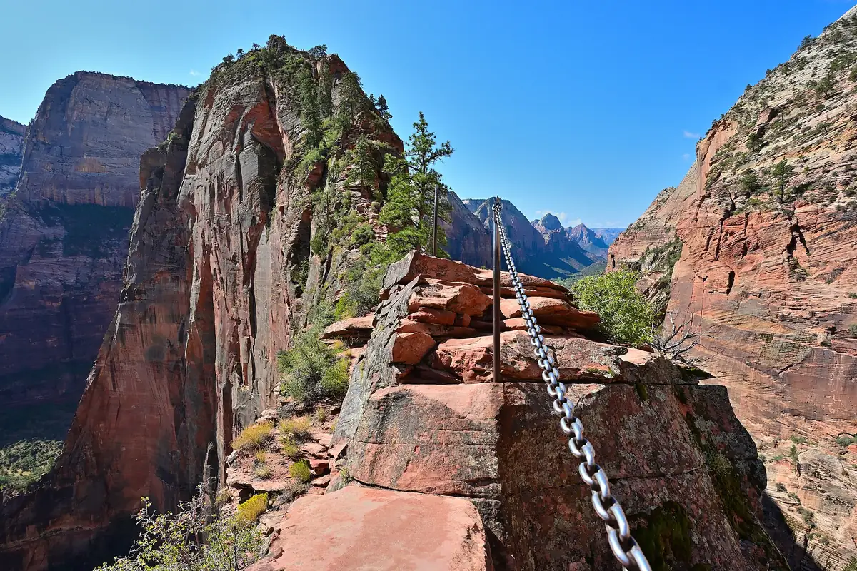 Chain crossing on the narrow sandstone ridge leading toward Angels Landing