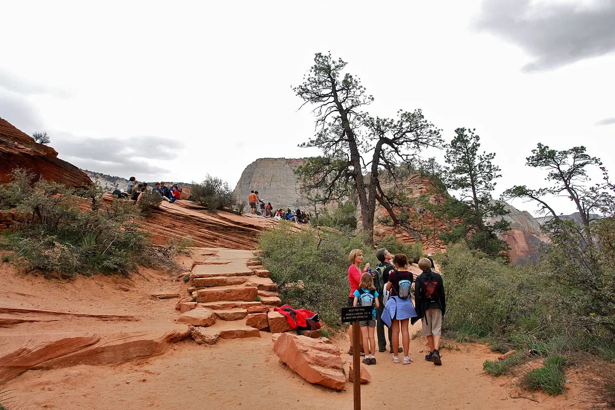 Hikers gathered beside the trail sign at Scout Lookout in Zion National Park