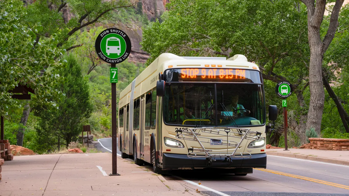 Zion Canyon shuttle bus stopped beside the Scenic Drive
