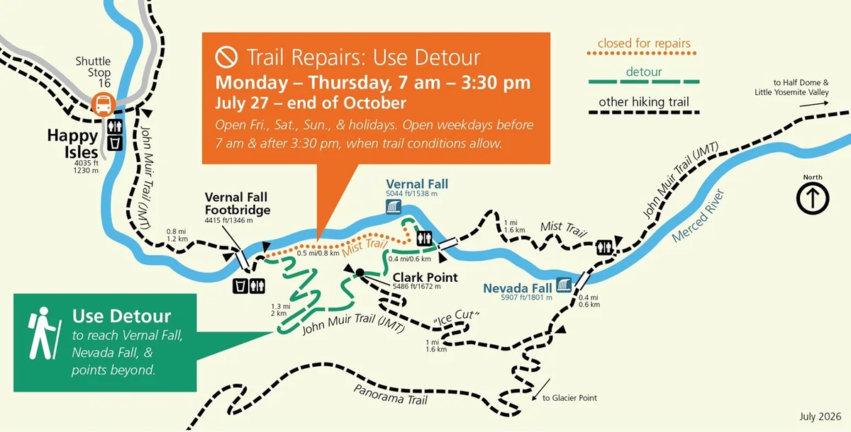 National Park Service map of the 2026 weekday Mist Trail repair detour above Vernal Fall Footbridge - Mist Trail | KnowOutdoor