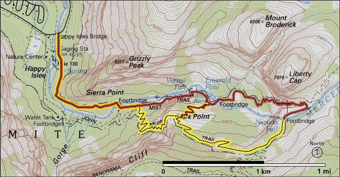 Official map comparing the Mist Trail and John Muir Trail routes to Vernal and Nevada Falls - Mist Trail | KnowOutdoor