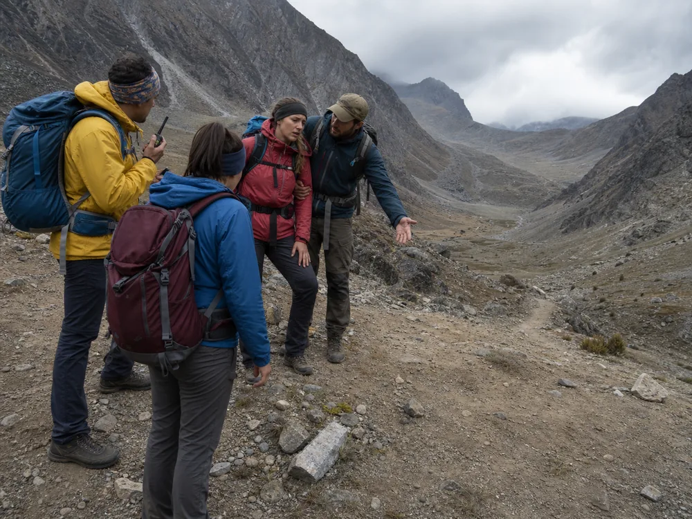 Trekking group staying together while helping an unwell member turn toward a lower generic valley route - emergency descent at altitude | KnowOutdoor