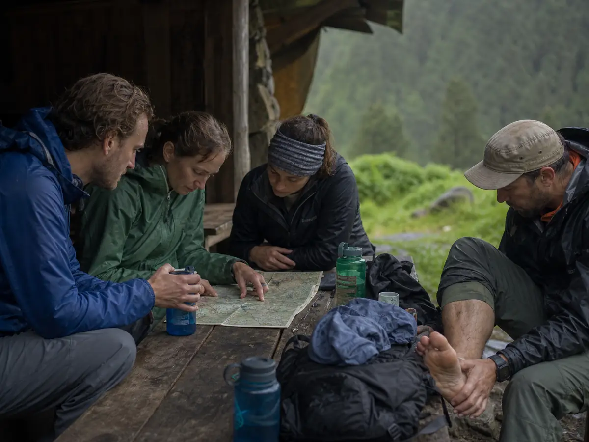 Trekking group reviewing wet gear, foot condition, water, and a shorter route on the morning after a difficult day