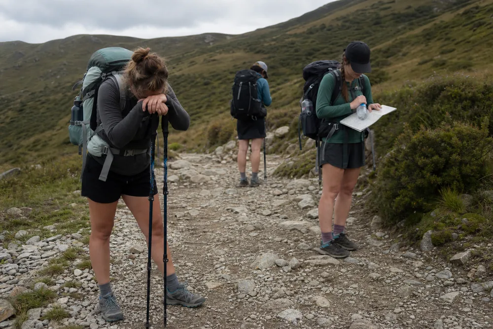 Trekkers with loaded packs pausing to check map and water on an uphill trail