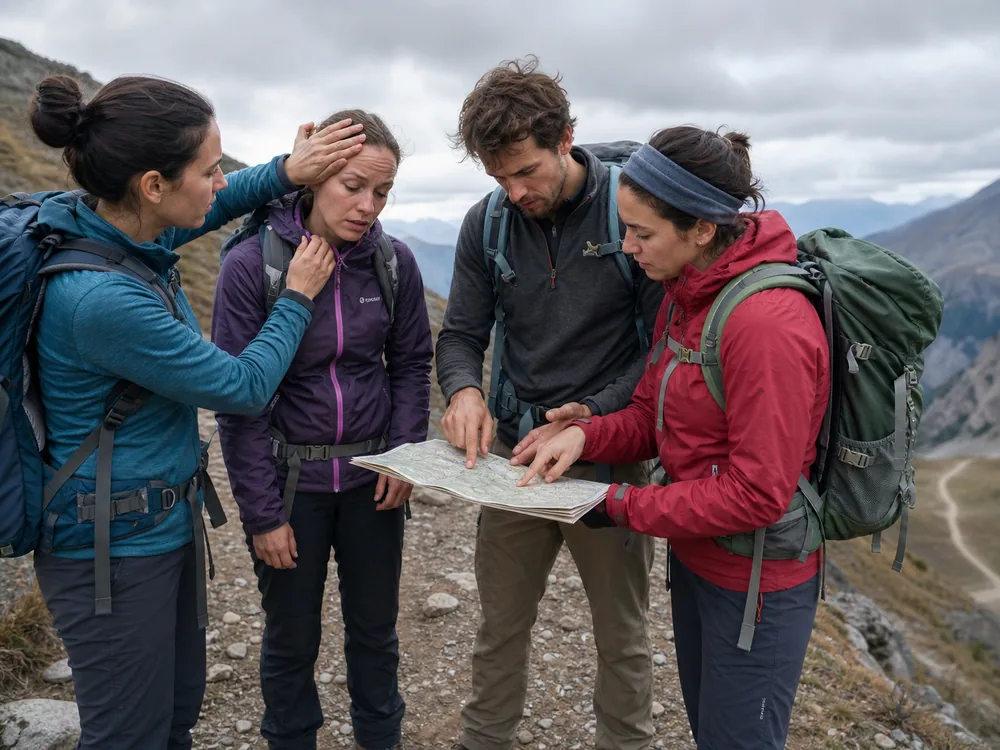 Trekking partners stopped at a trail junction checking one person's symptoms and a lower exit route on a generic mountain map - altitude symptom stop | KnowOutdoor