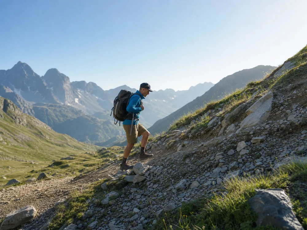 Trekker changing from longer valley steps to shorter climbing steps where a generic high trail steepens - high-altitude terrain pacing | KnowOutdoor
