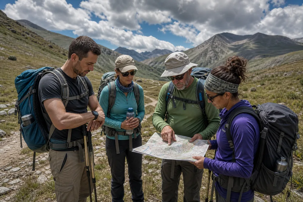Trekking group checks time, water, weather, and two marked camp options at a midday junction - Midday mileage decision | KnowOutdoor