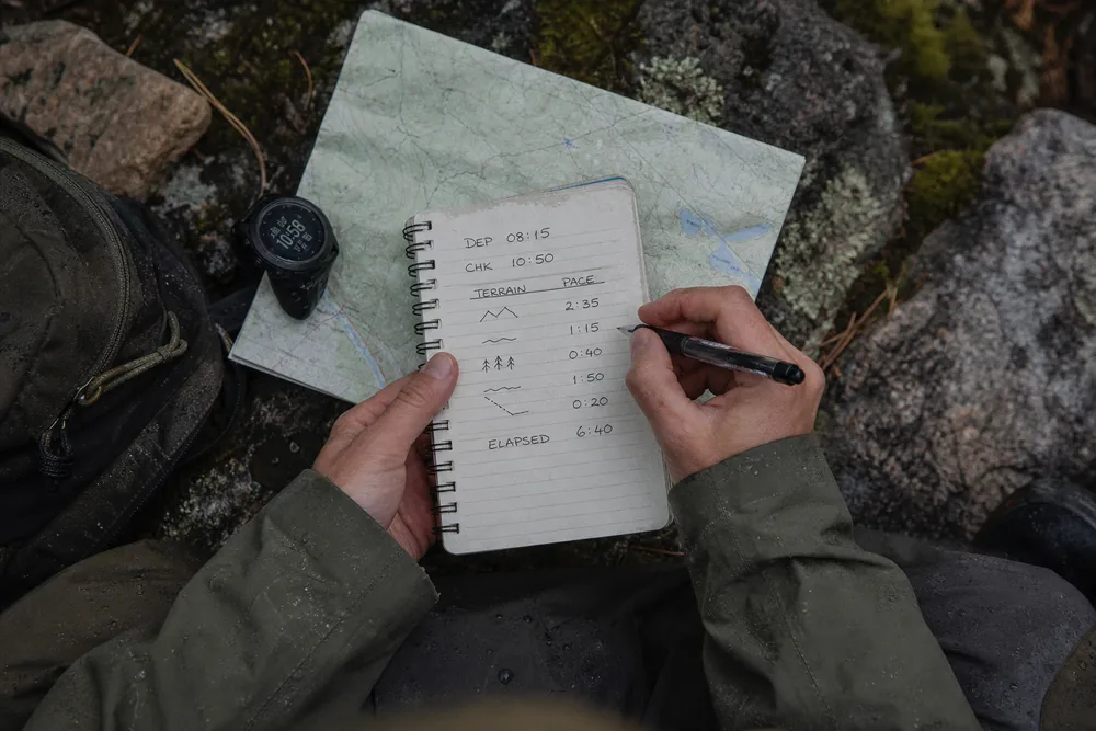 Trekker records departure time, checkpoint time, terrain, and elapsed pace in a waterproof route notebook - Trek pace log | KnowOutdoor