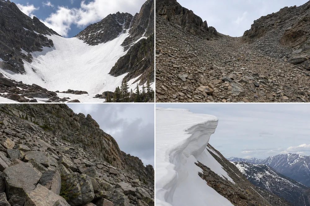 Field-guide view of hard snow runout, loose scree, unstable talus, and a corniced ridge on generic mountain terrain - Pass surface hazards | KnowOutdoor