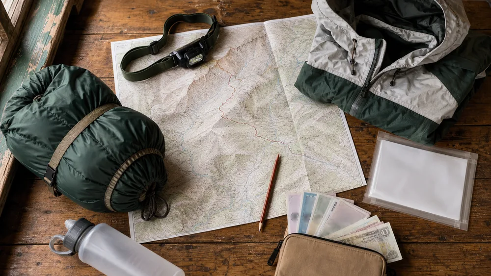 Top-down Nepal teahouse trek planning kit with an unlabeled route map, permit sleeve, headlamp, cash pouch, and sleeping bag - Teahouse trek planning | KnowOutdoor
