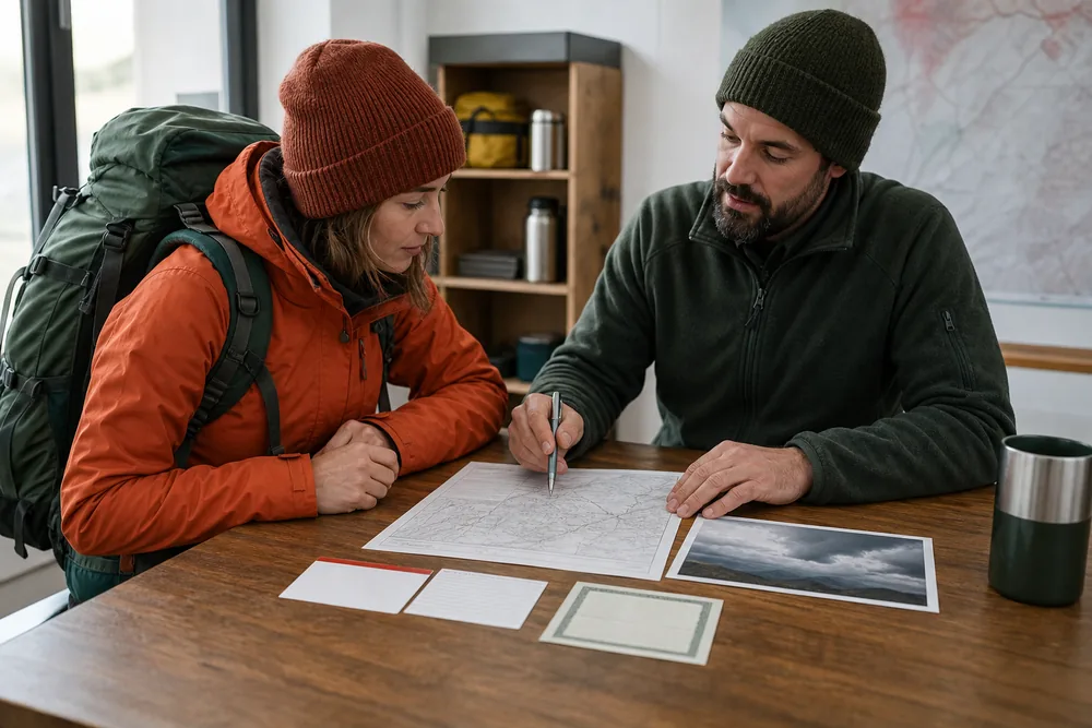 Trekker and guide review a written route, credential card, insurance document, and emergency contacts at a table - Guide hiring interview | KnowOutdoor