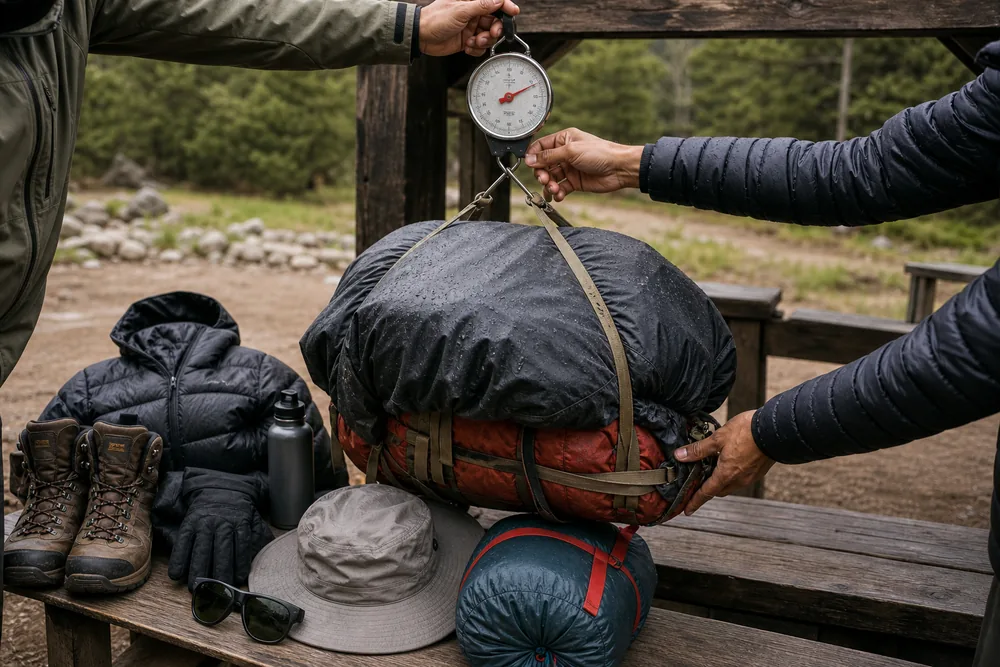 A trekking team weighs a covered porter load beside boots, warm layers, gloves, and eye protection - Porter load and equipment check | KnowOutdoor