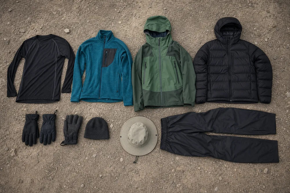 High-altitude trekking clothing laid out as base layer, fleece, weather shell, insulated stop jacket, gloves, hat, and shell pants - Layering system | KnowOutdoor