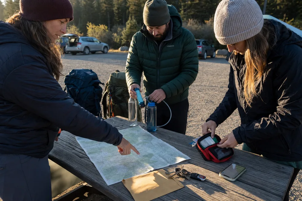 Three trekkers assigning navigation, water, and first-aid responsibilities before leaving a generic trailhead