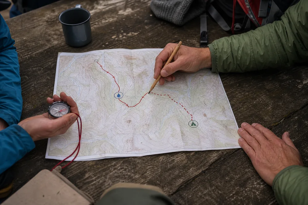 Two trekkers checking a marked route with water, overnight stop, and early-exit points on a topographic map