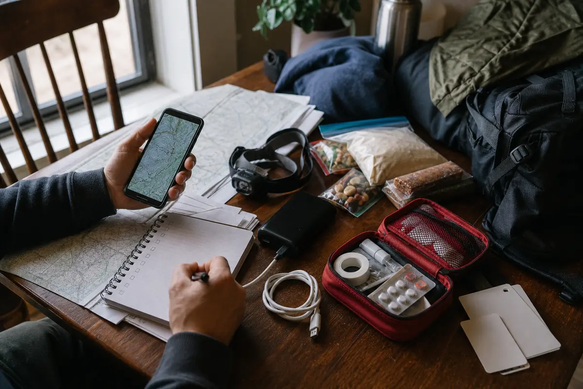 Paper trek itinerary, permits, offline map device, charged headlamp, and packed food arranged for a final-week check - trek departure preparation | KnowOutdoor