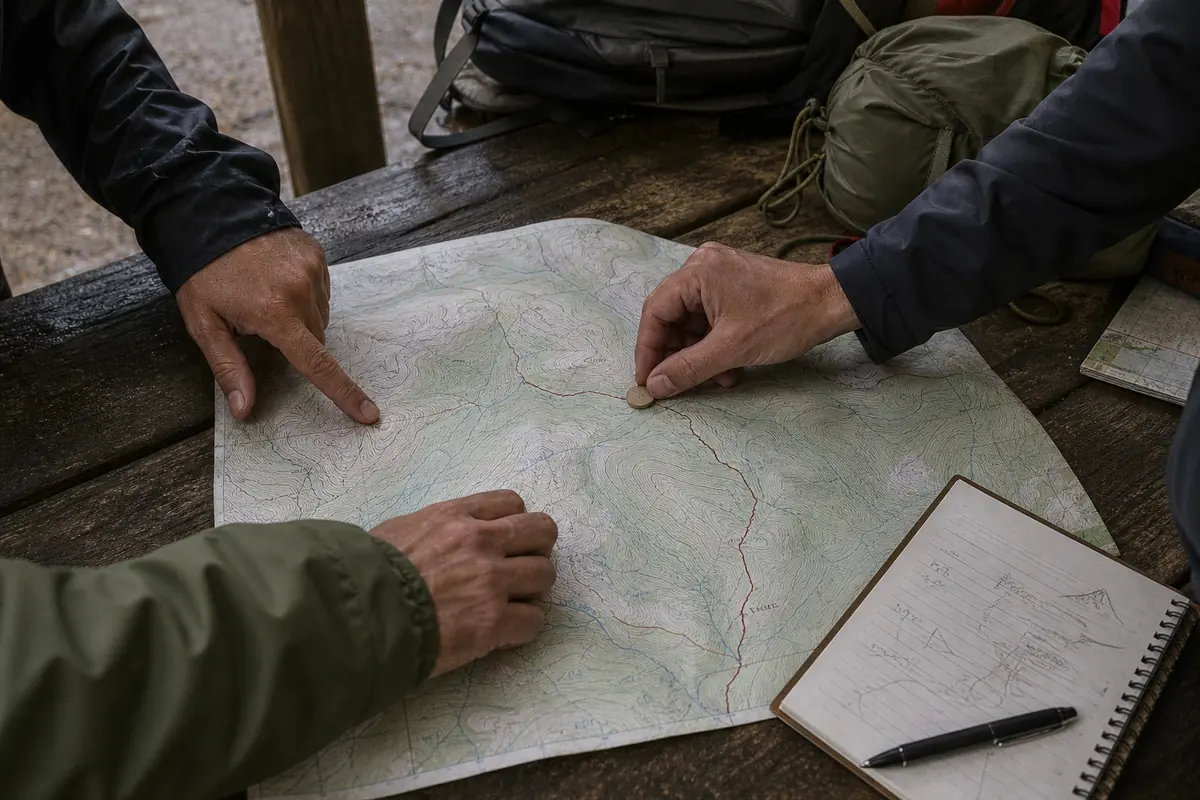 Trekkers choosing a shorter marked route on a paper map after reviewing rehearsal notes - multi-day trek readiness decision | KnowOutdoor