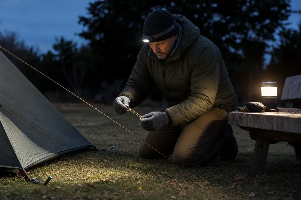 Trekker wearing gloves while practicing a loose guyline repair under two headlamps in a controlled yard